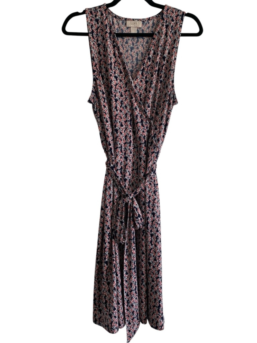 LOFT Navy Blue and Pink Printed Midi Wrap Dress
